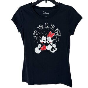 Disney Black Mickey Minnie Graphic T Shirt Juniors Large Casual Love Valentine